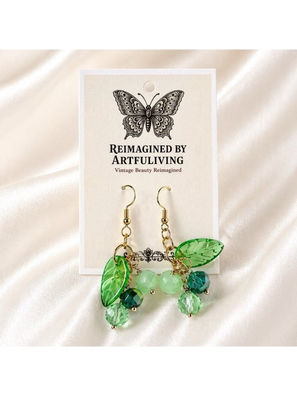 REIMAGINED Gooseberry Green Beaded Dangle Earrings 2” Gold Tone Hypoallergenic - Picture 5 of 6